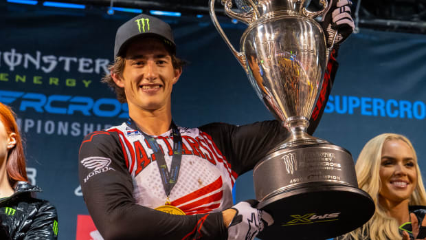 An ecstatic Chase Sexton celebrates winning the 2023 Supercross championship Saturday in Salt Lake City. Photo: Feld Motor Sports/Align Media.